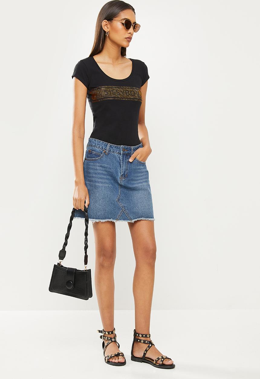 SISSY BOY - No time like now: basic round neck top with cap sleeves and bling logo - black