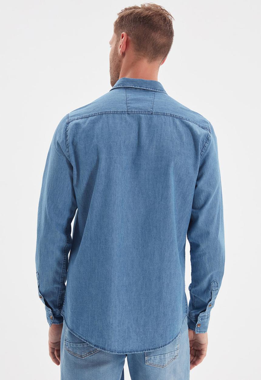 Trendyol - Button down long sleeve denim shirt - indigo