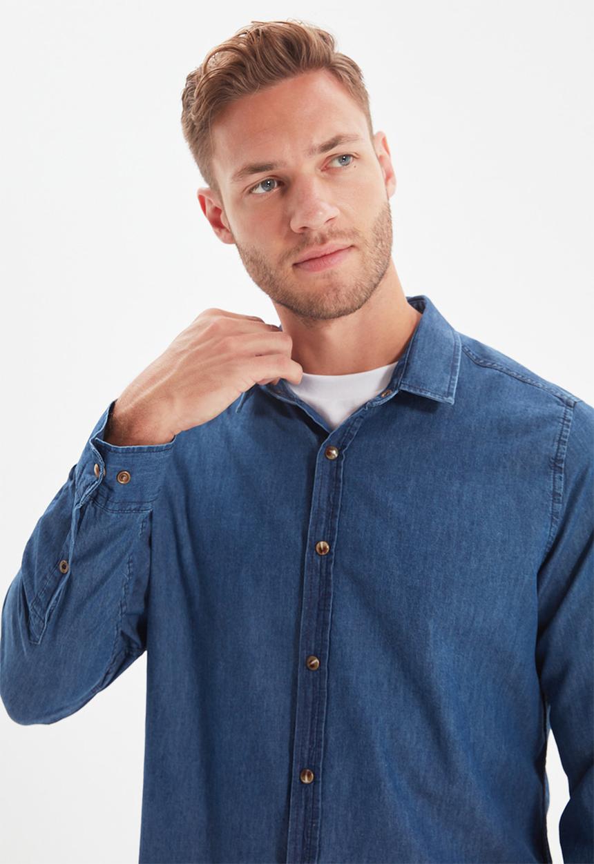 Trendyol - Button down long sleeve denim shirt - navy