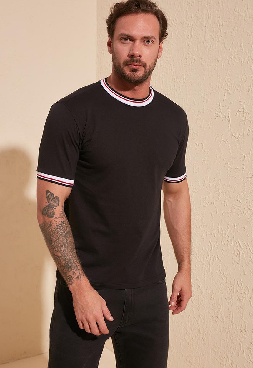 Trendyol - Stripe crew neck short sleeve tee - black