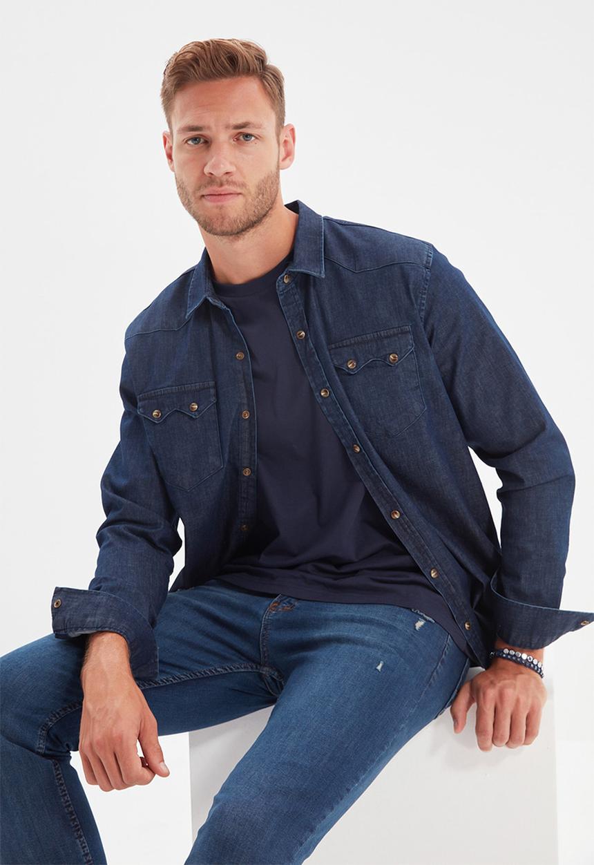 Trendyol - Denim double pocket long sleeve shirt - navy