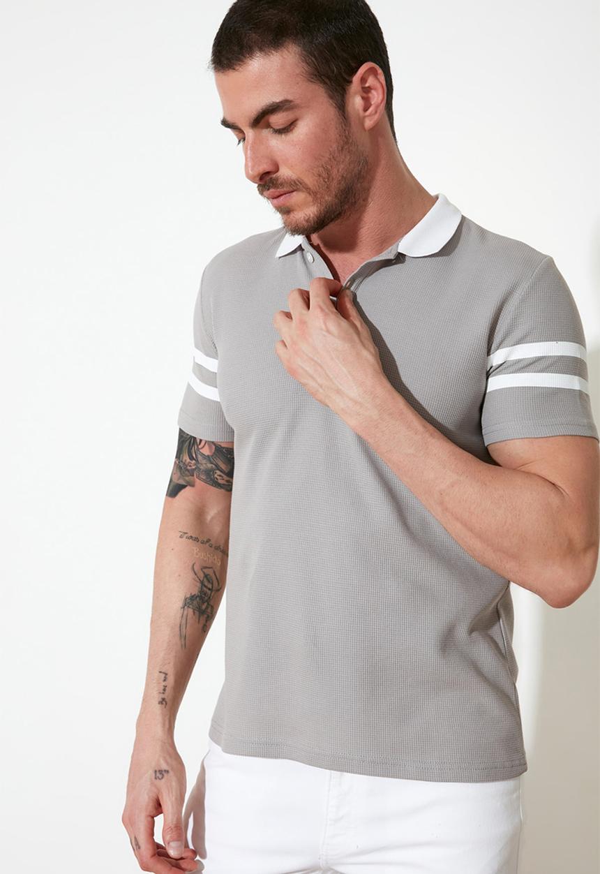 Trendyol - Stripe sleeve short sleeve golfer - grey