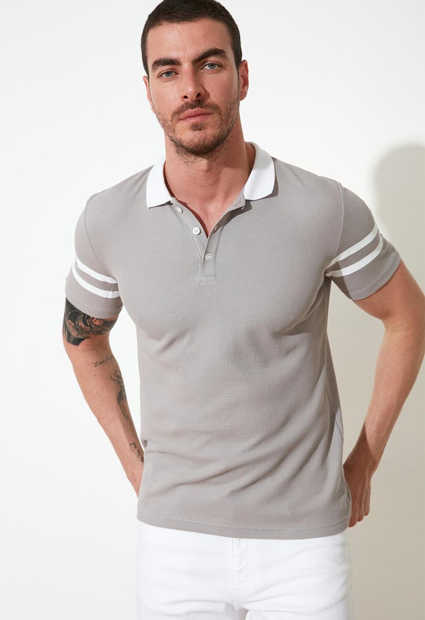 Trendyol - Stripe sleeve short sleeve golfer - grey