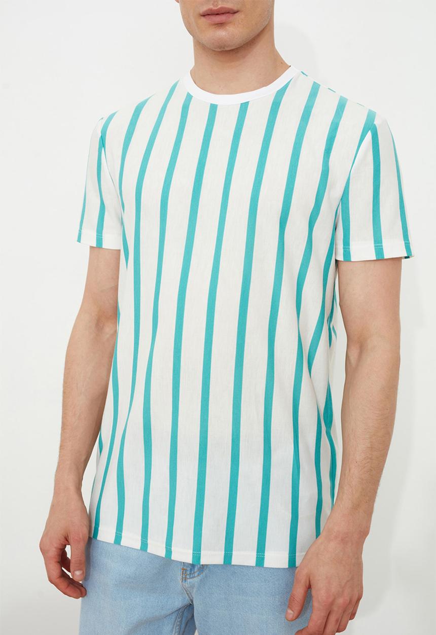 Trendyol - Vert stripe short sleeve tee - white & blue