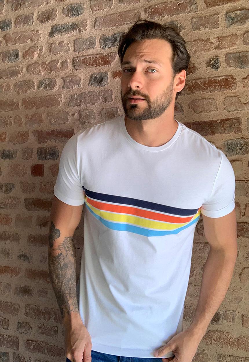 Trendyol - Multi-colour stripe chest print short sleeve tee - white