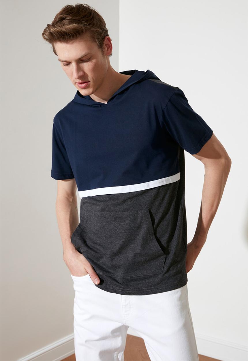 Trendyol - Kangaroo pocket hooded short sleeve tee - navy