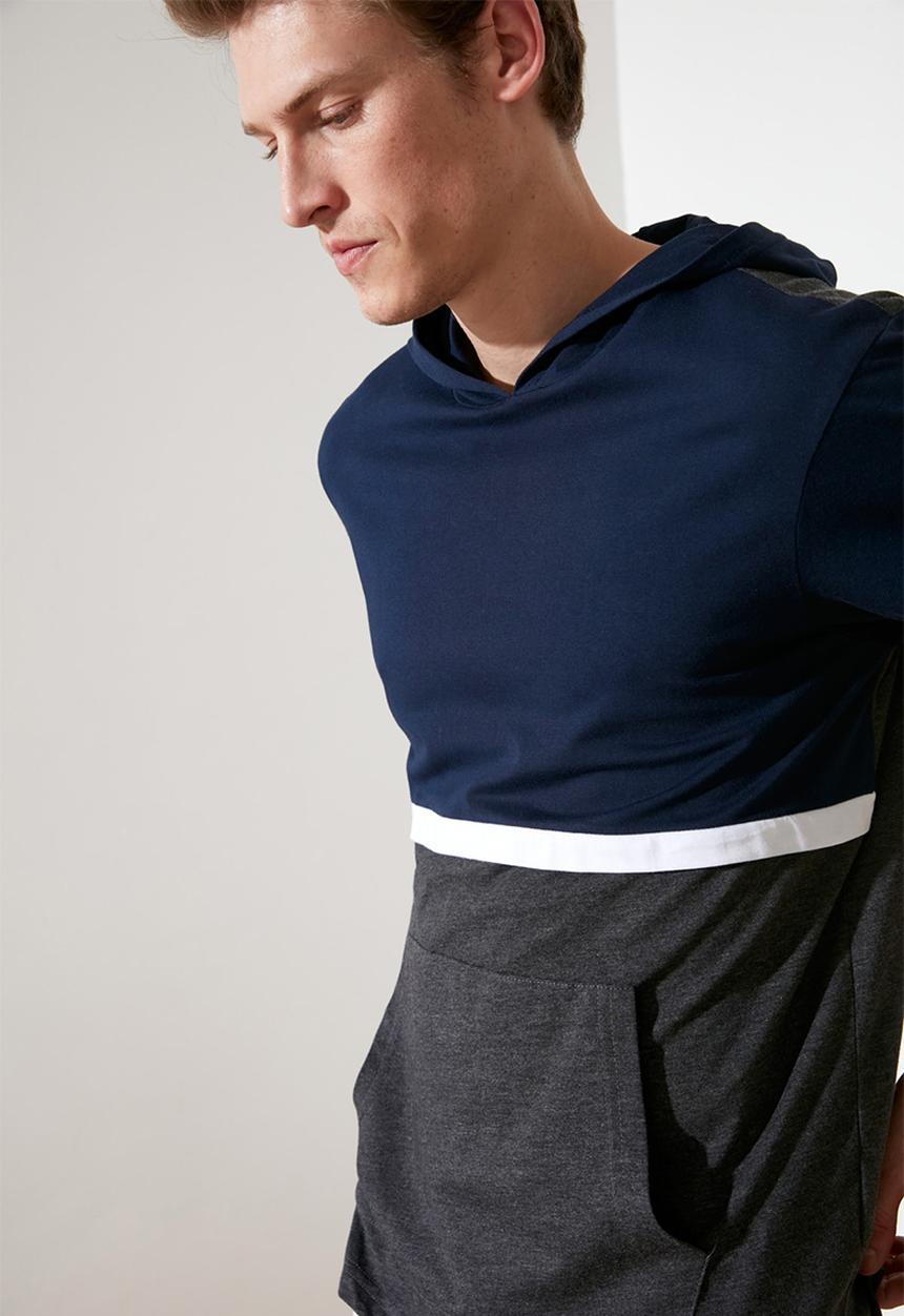 Trendyol - Kangaroo pocket hooded short sleeve tee - navy