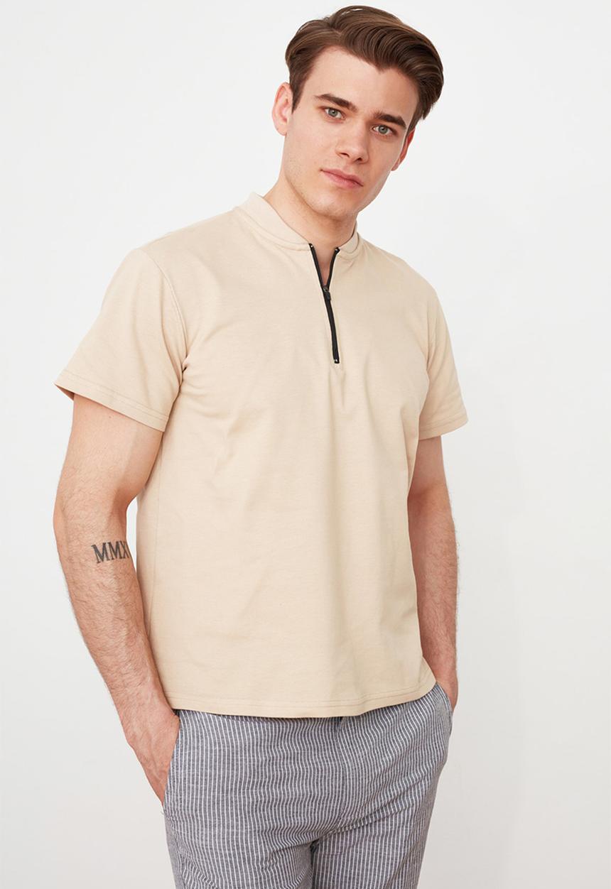 Trendyol - Quarter zip short sleeve tee - skin