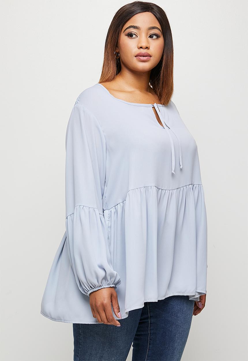 edit Plus - Babydoll balloon sleeve keyhole blouse - light grey