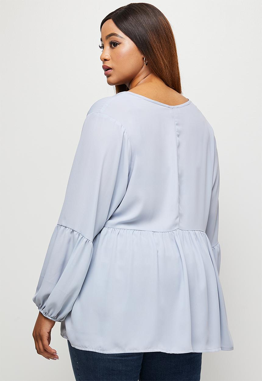 edit Plus - Babydoll balloon sleeve keyhole blouse - light grey
