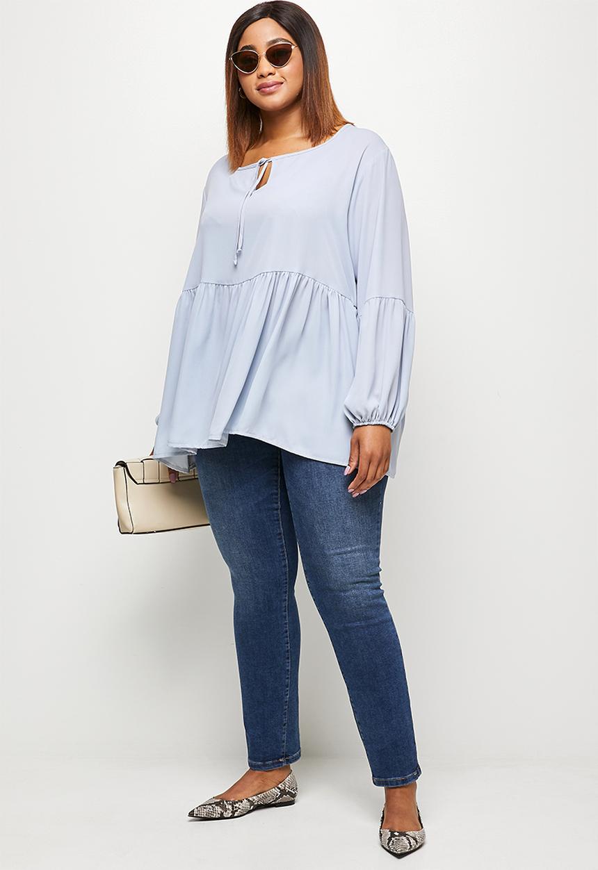 edit Plus - Babydoll balloon sleeve keyhole blouse - light grey