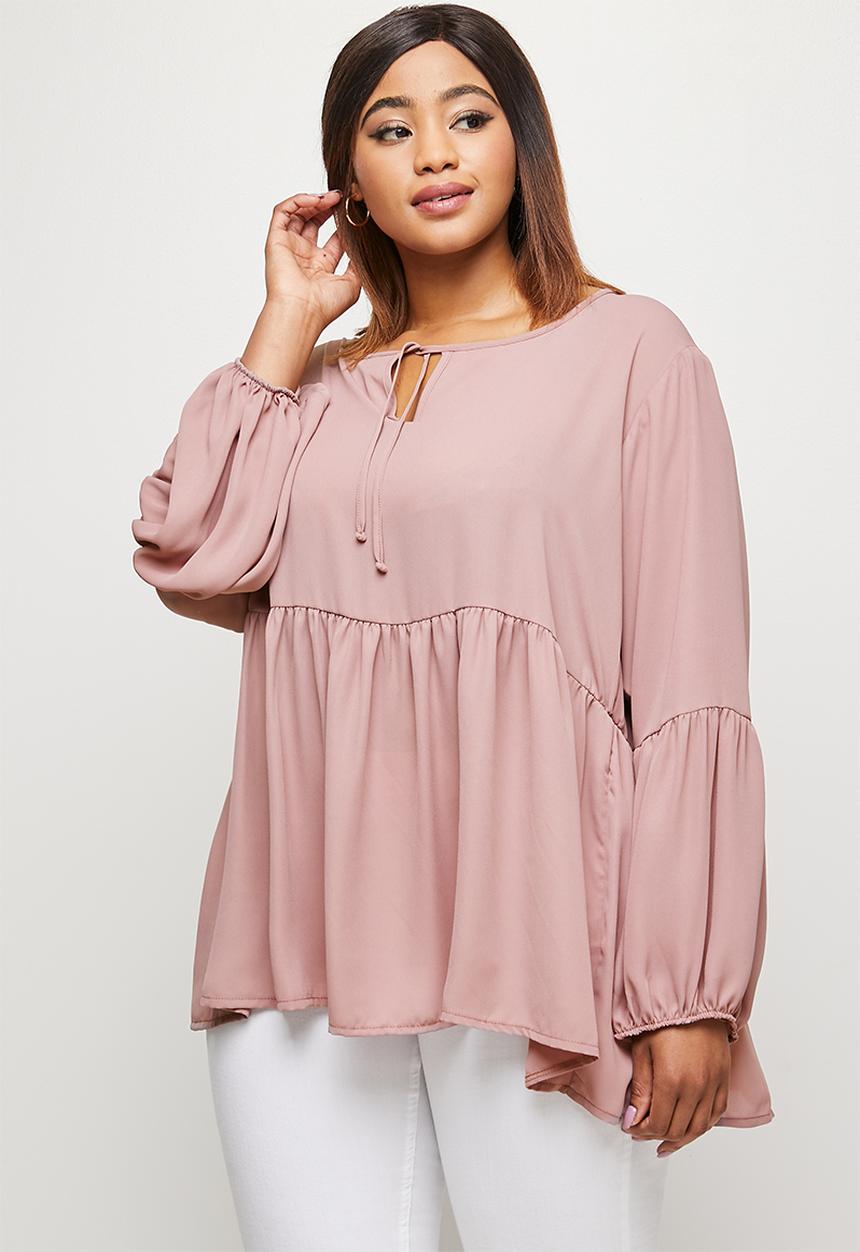 edit Plus - Babydoll balloon sleeve keyhole blouse - rose