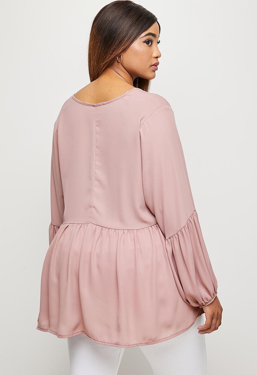 edit Plus - Babydoll balloon sleeve keyhole blouse - rose