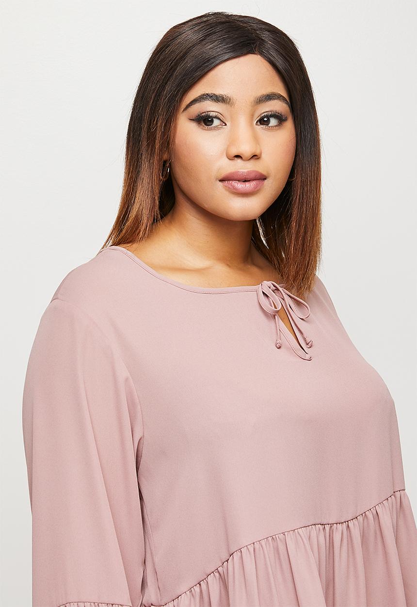 edit Plus - Babydoll balloon sleeve keyhole blouse - rose