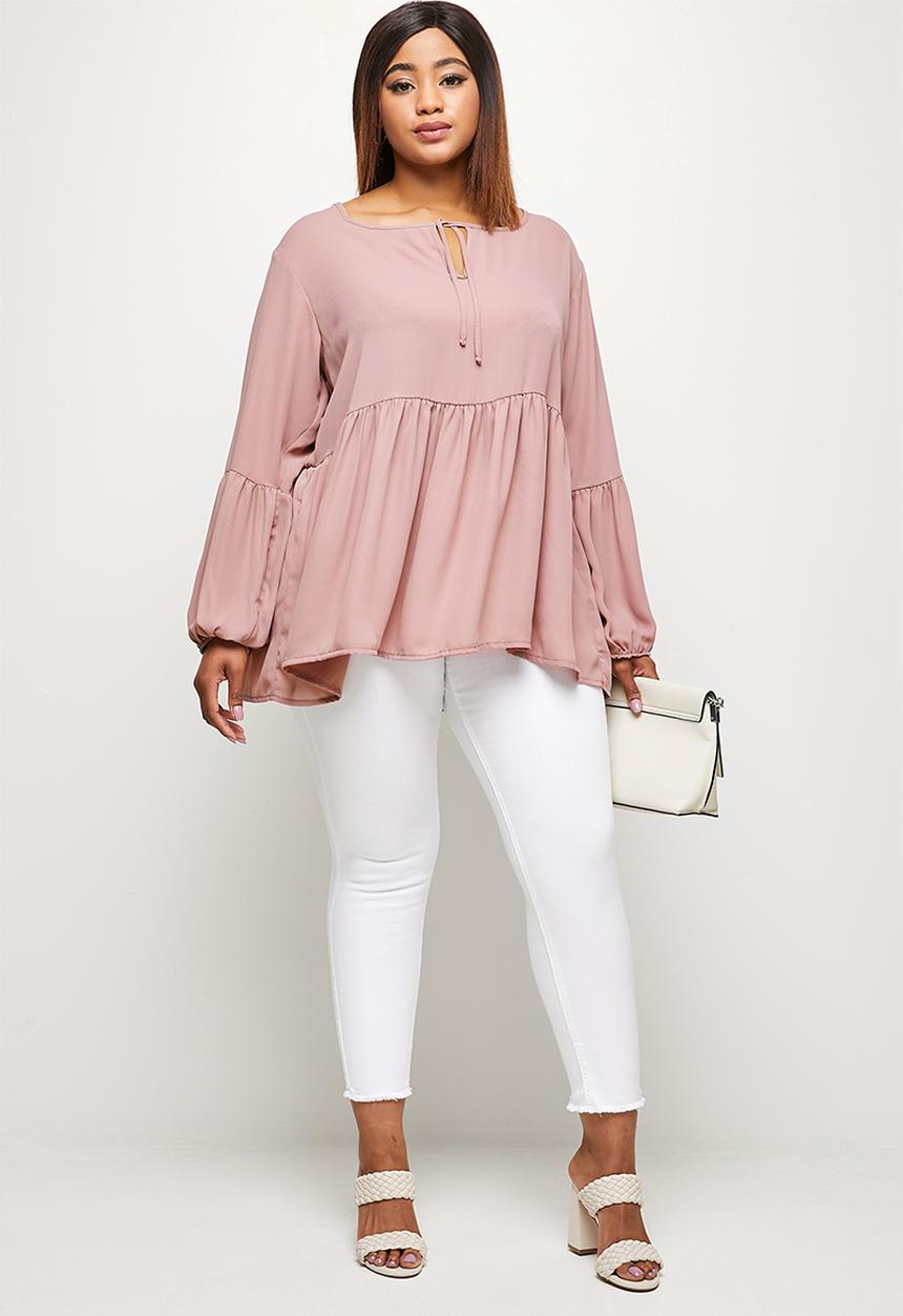 edit Plus - Babydoll balloon sleeve keyhole blouse - rose
