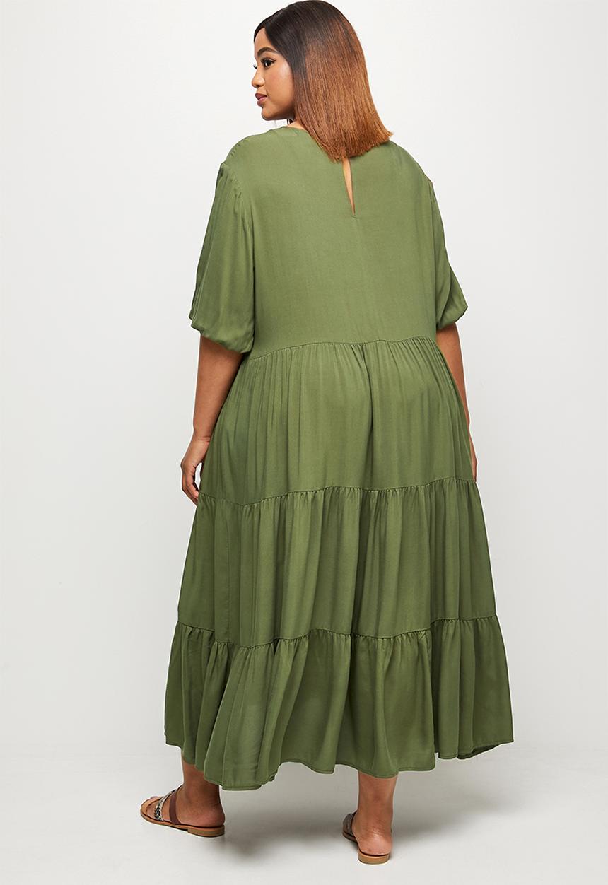 edit Plus - Short sleeve crew tiered midi - olive