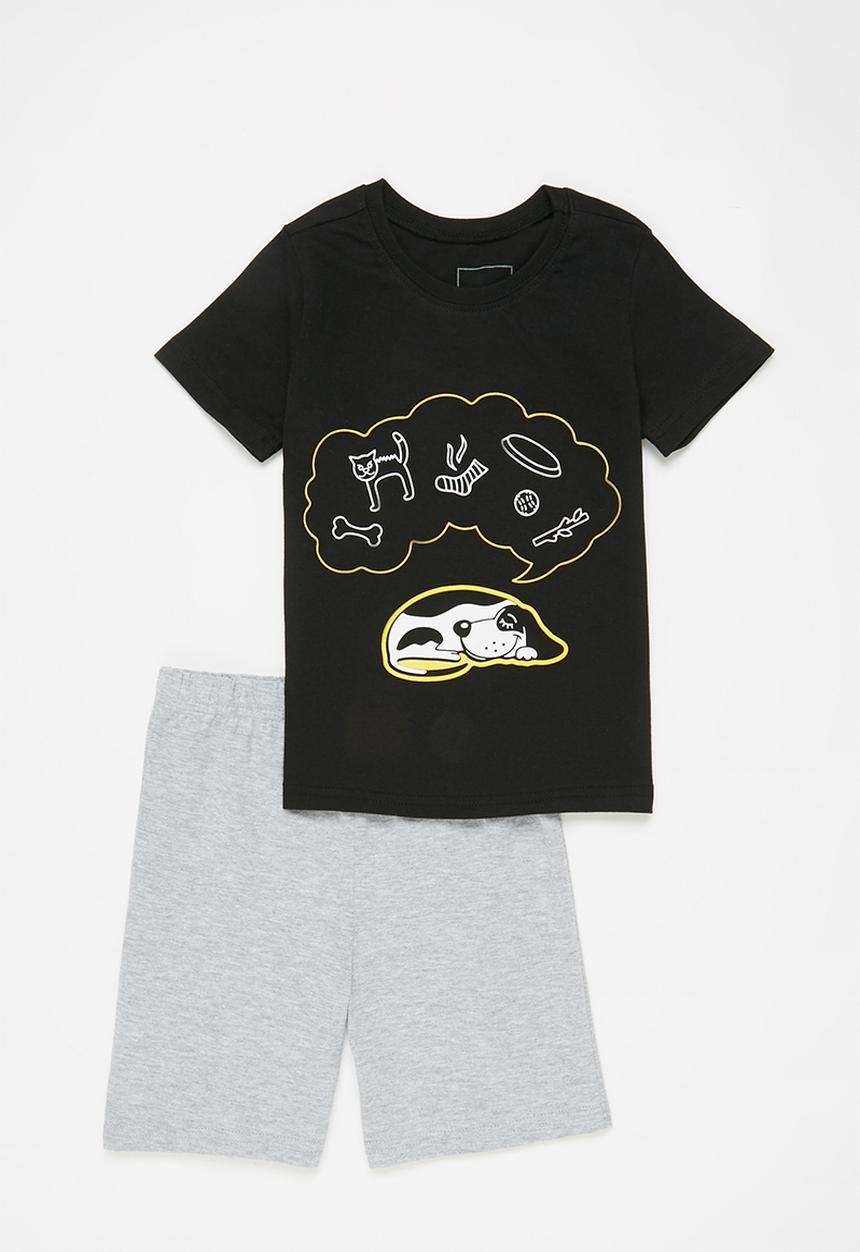 Pop Candy - Yb short sleeve tee & shorts pj set - black & grey