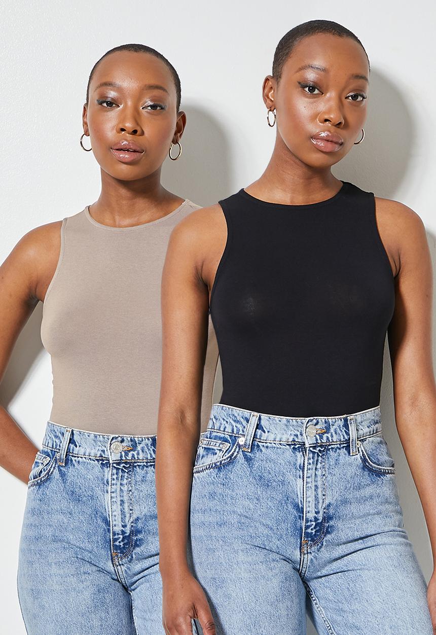 Superbalist - 2 pack  high neck cutaway bodysuit -  black & mink