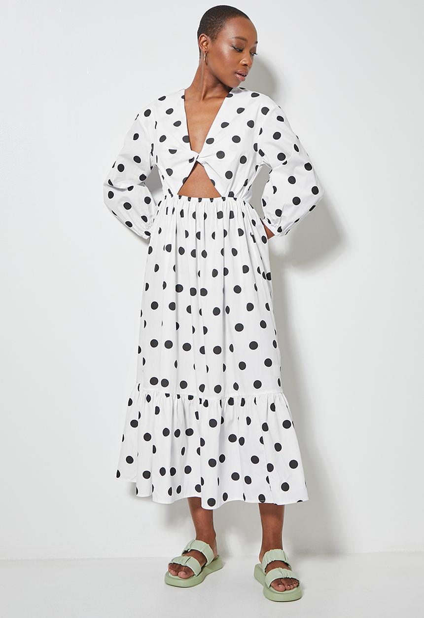 Superbalist - V-neck cutout detail midi dress - white & black 