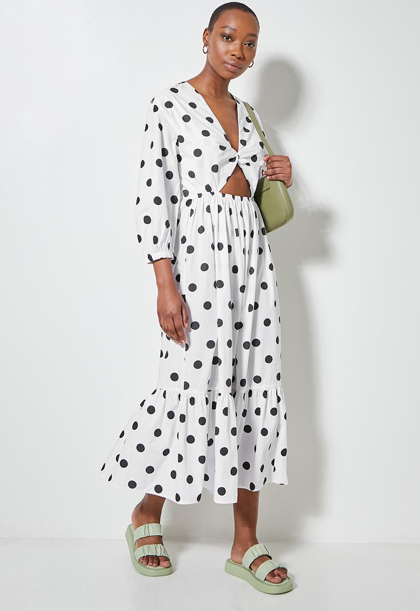 Superbalist - V-neck cutout detail midi dress - white & black 