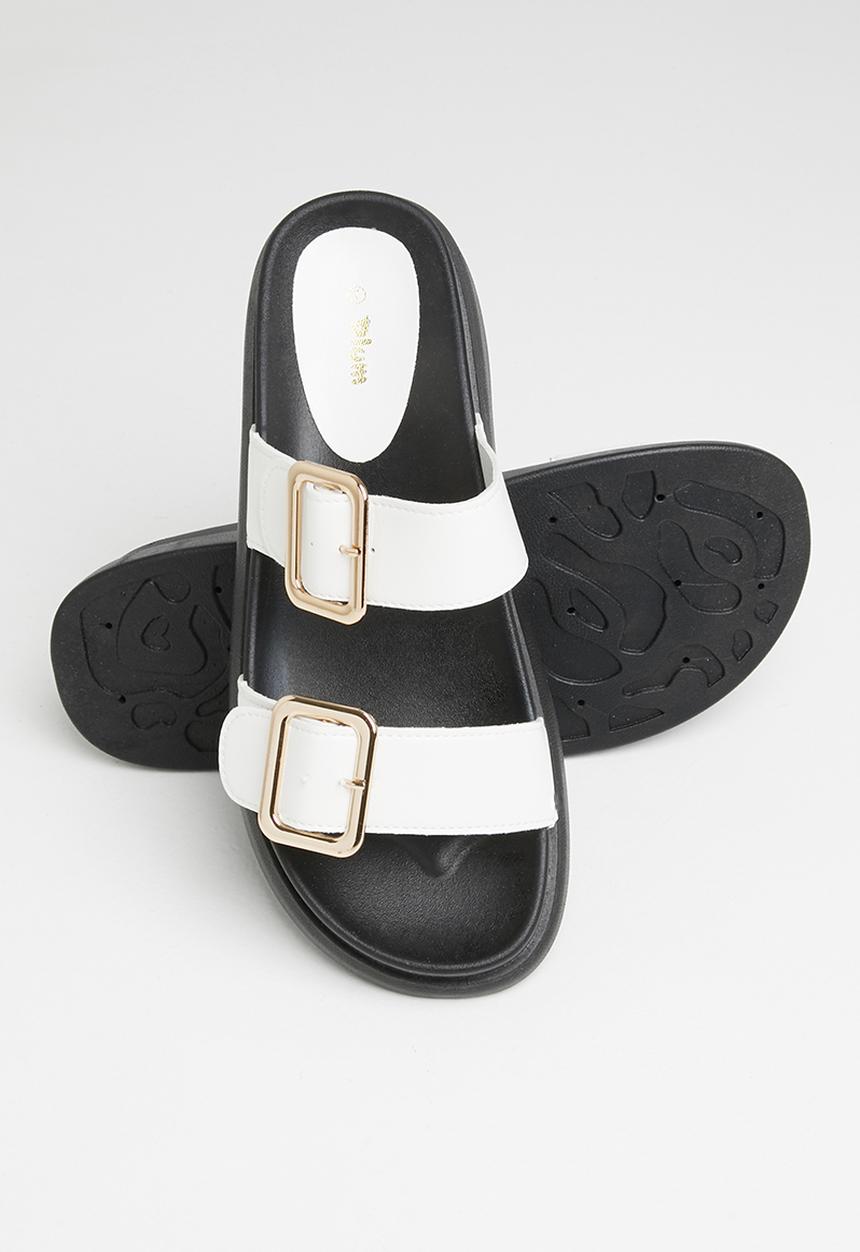 Plum - Kaylee double strap big buckle slide - white & black