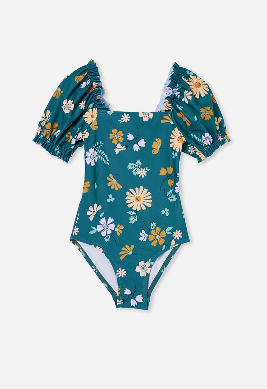 Cotton On - Paige puff sleeve one piece - turtle green/topenga floral