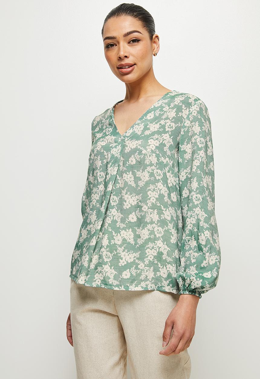 edit - Long sleeve vneck shell - sage floral