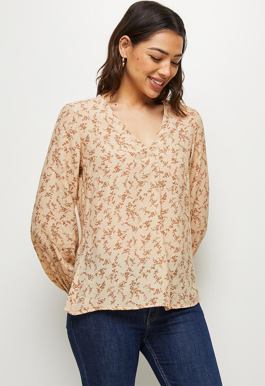 edit - Long sleeve V-neck shell - natural floral