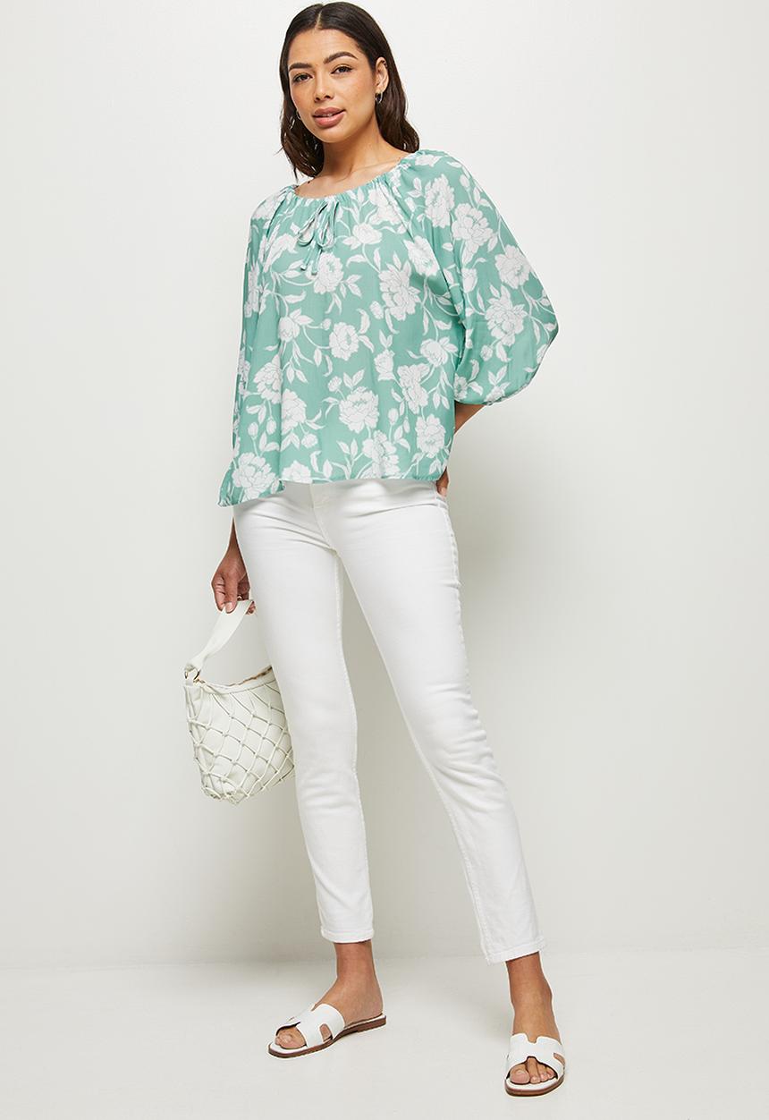 edit - Bellow sleeve peasant blouse - aqua floral