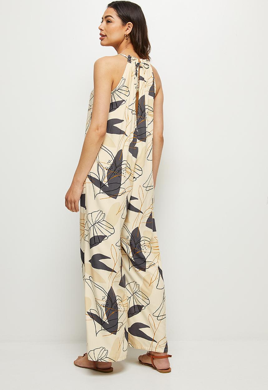 edit - Highneck flared jumpsuit - neutral abstract leaf