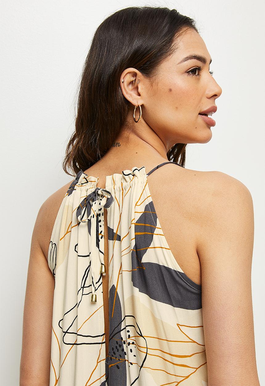 edit - Highneck flared jumpsuit - neutral abstract leaf
