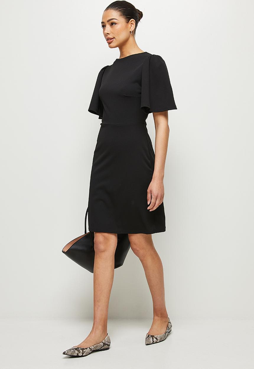 edit - Crepe flutter sleeve fit & flare - black