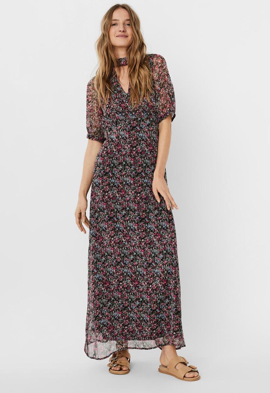 Vero Moda - Kay short sleeve ankle dress - pink peacock ditsy