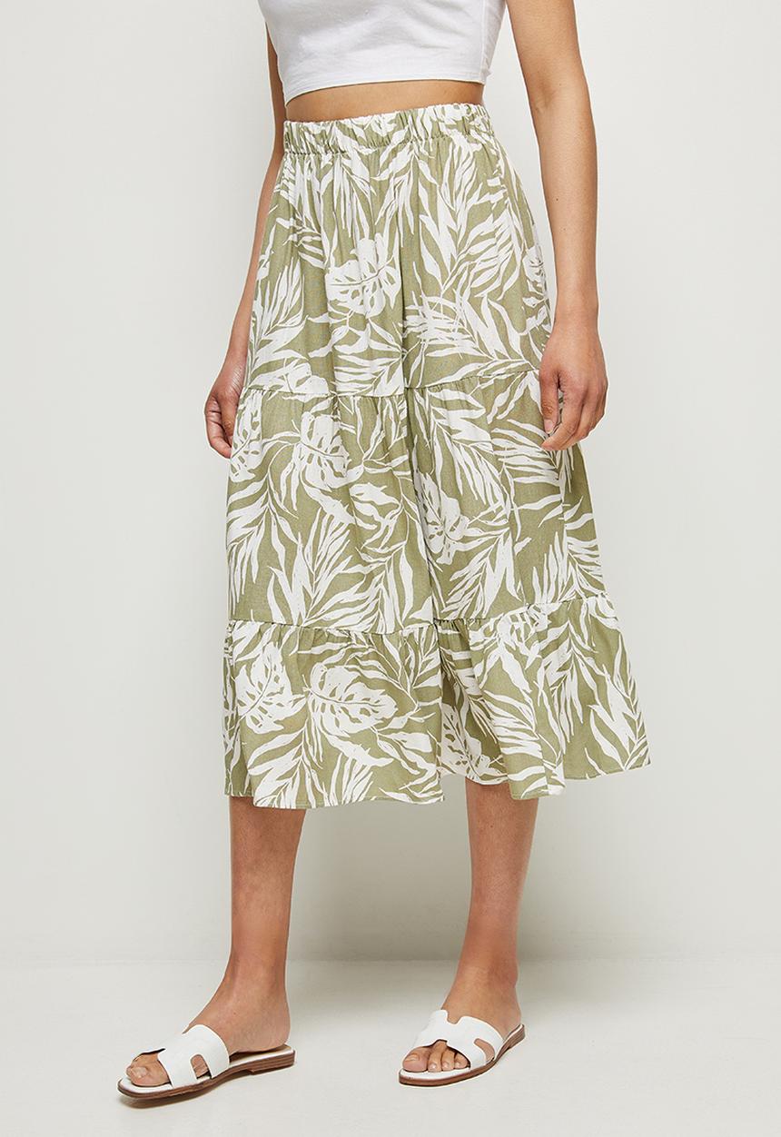 MILLA - Tiered maxi skirt - green & white 