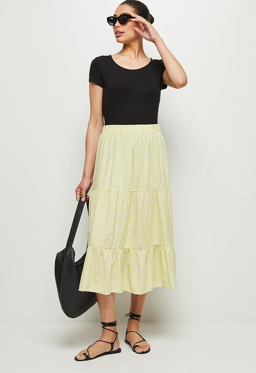MILLA - Tiered maxi skirt - lime & white