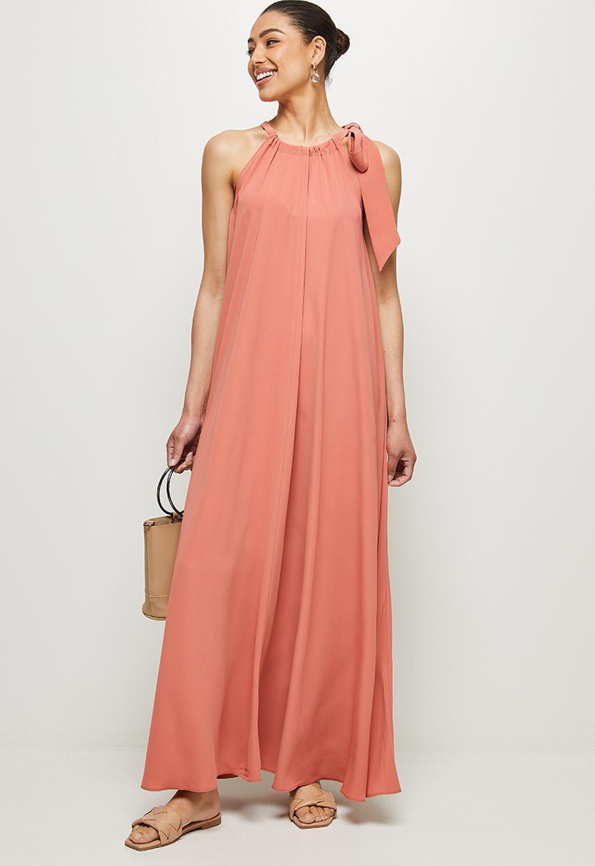 MILLA - Halter trapeze maxi with tie - salmon
