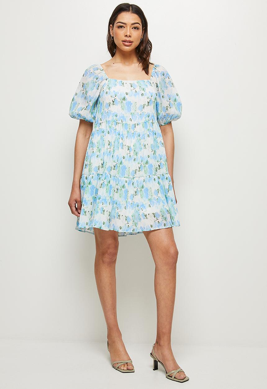 MILLA - Textured square neck mini dress - blue & green 