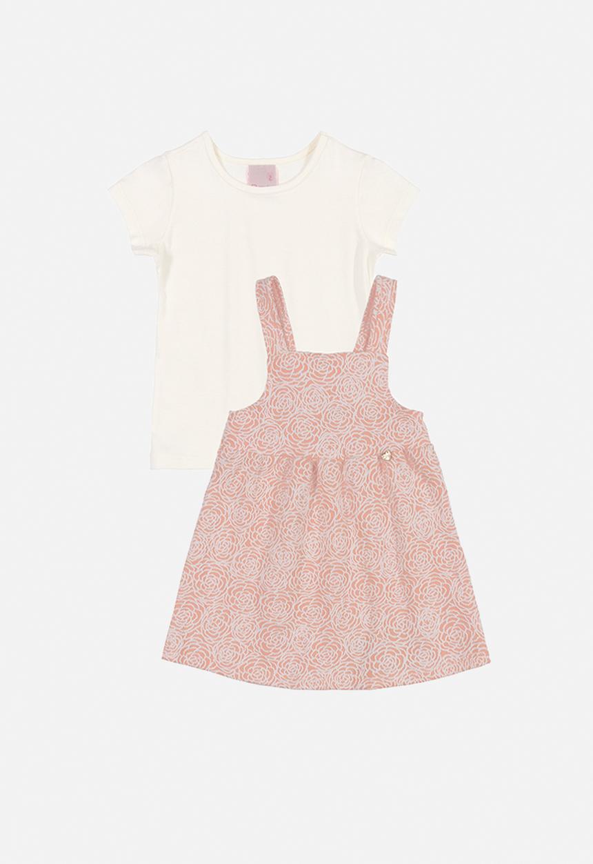 Quimby - Baby printed pinafore & tee set - off white & pink 