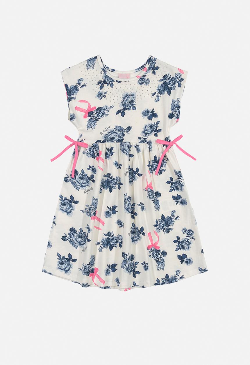 Quimby - Girls printed dress with bows - off white & blue