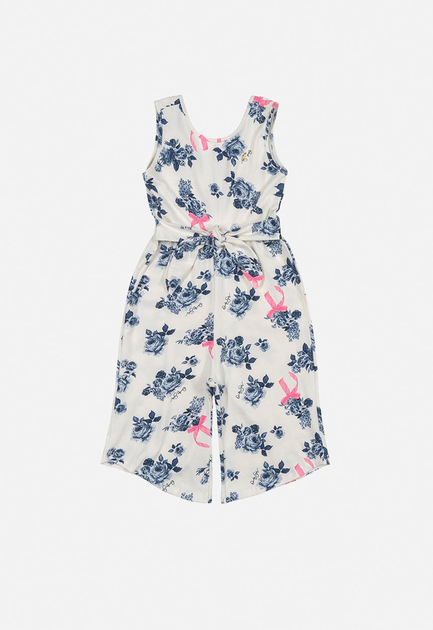 Quimby - Girls printed playsuit with bows - off white & blue 