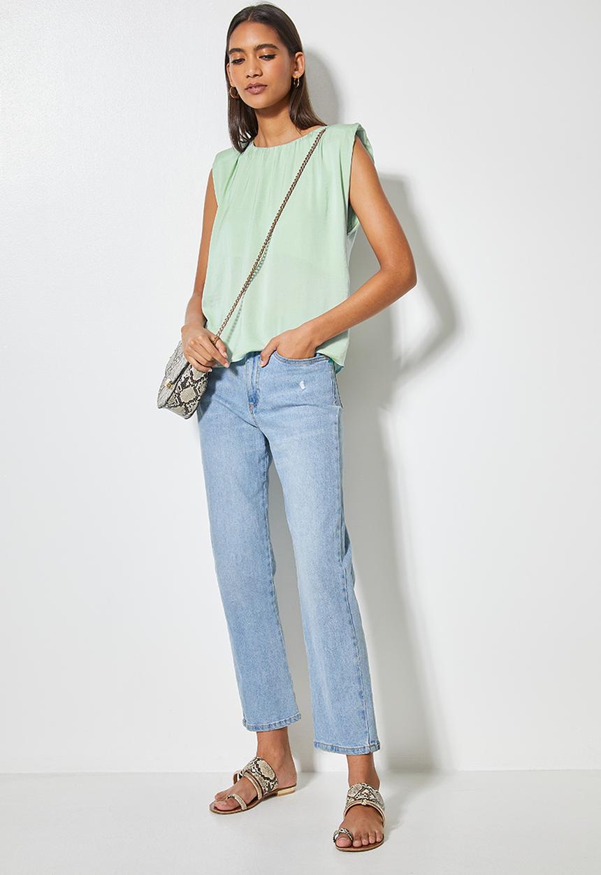 VELVET - Muscle shoulder pad blouse with gauged neck detail - green 