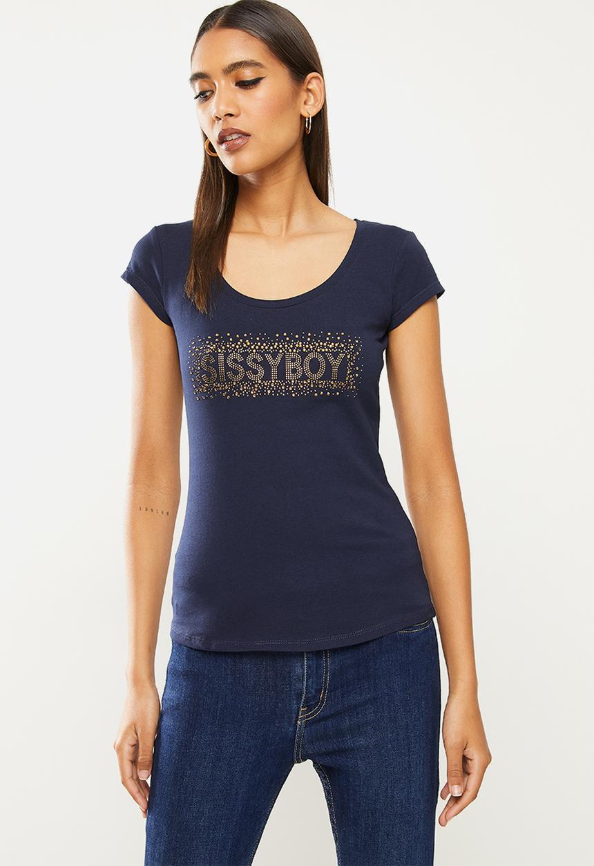 SISSY BOY - Do your thang boo: basic round neck top with cap sleeves and bling logo - navy