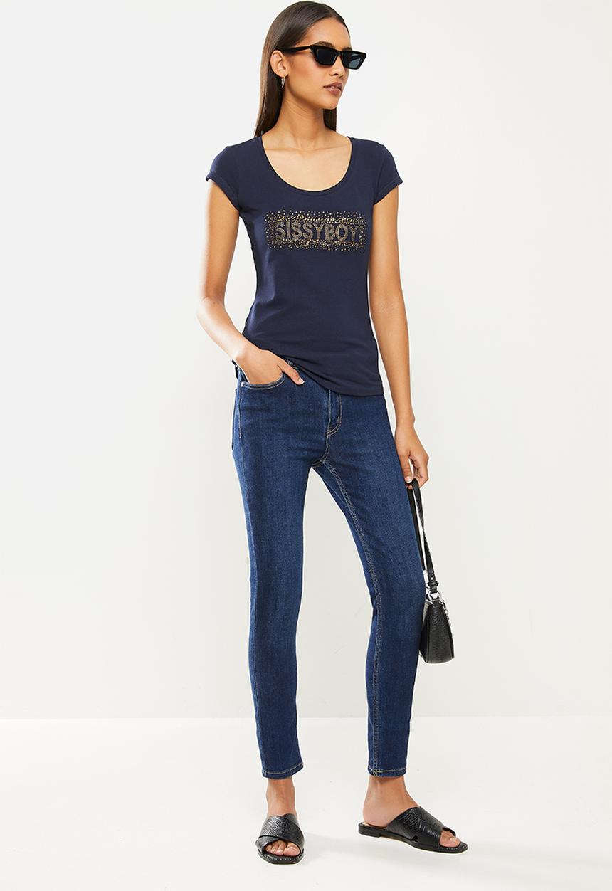 SISSY BOY - Do your thang boo: basic round neck top with cap sleeves and bling logo - navy