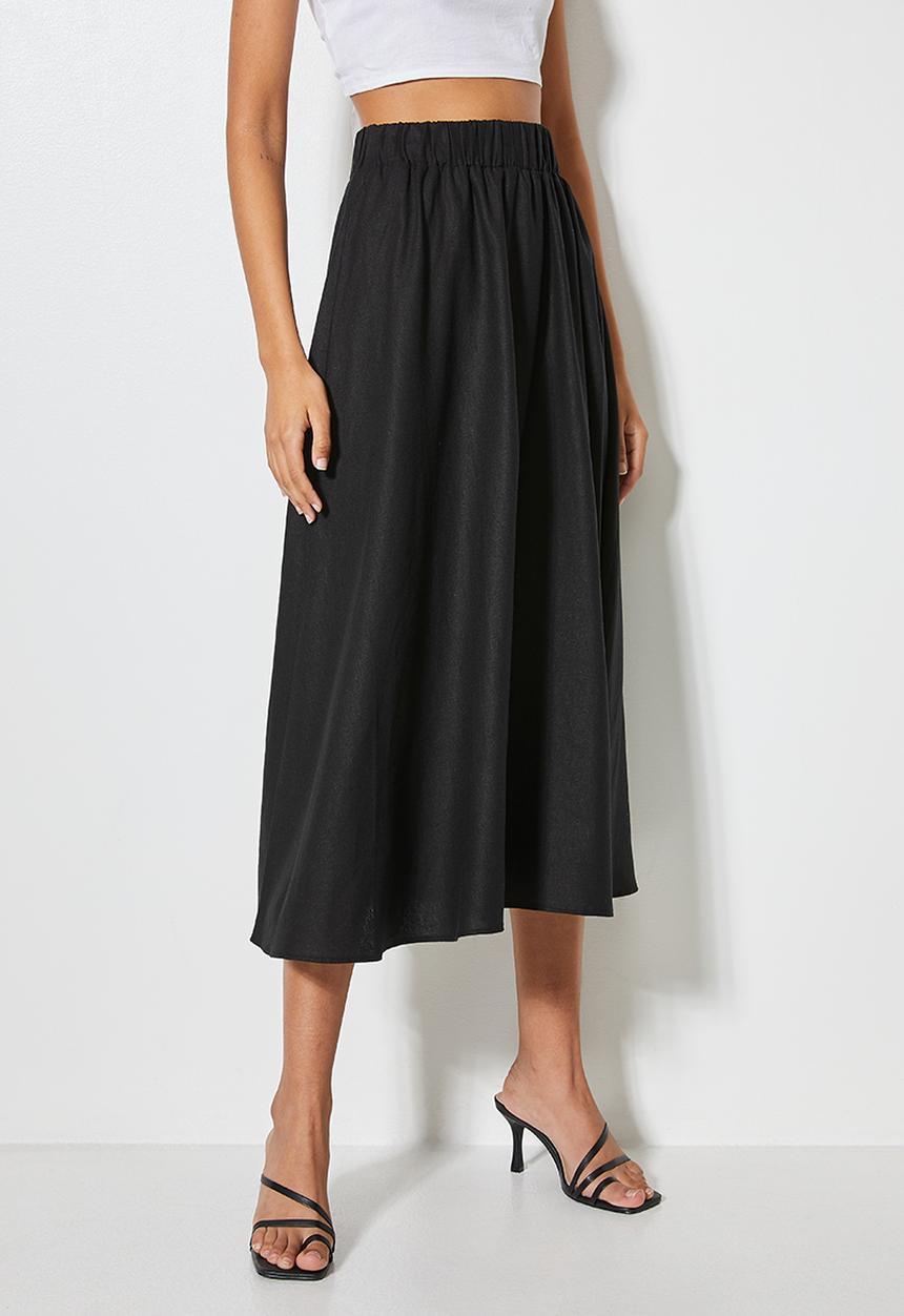 VELVET - Linen woven pull on a-line skirt - black