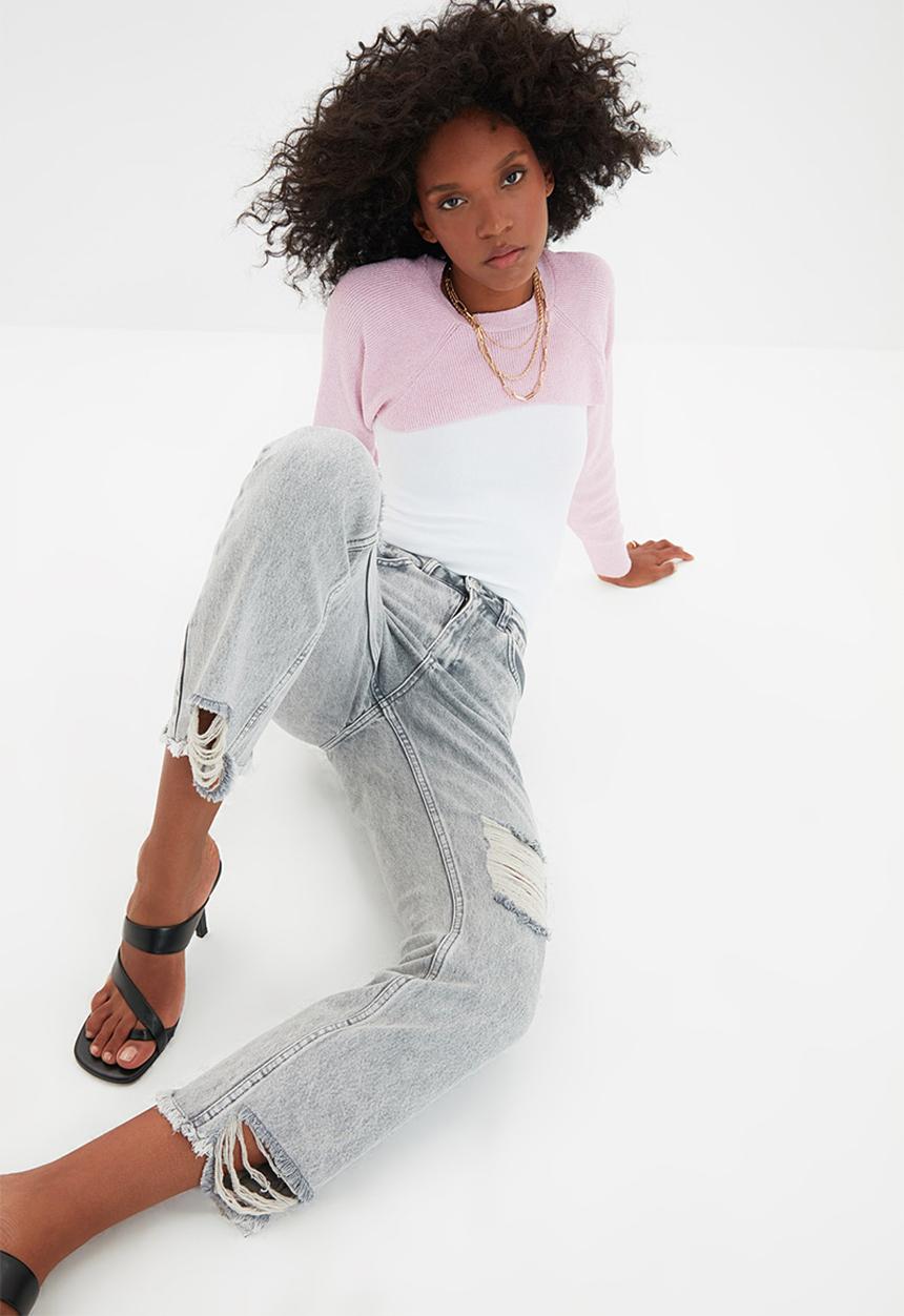 Trendyol - Ripped detailed high waist straight jeans - grey