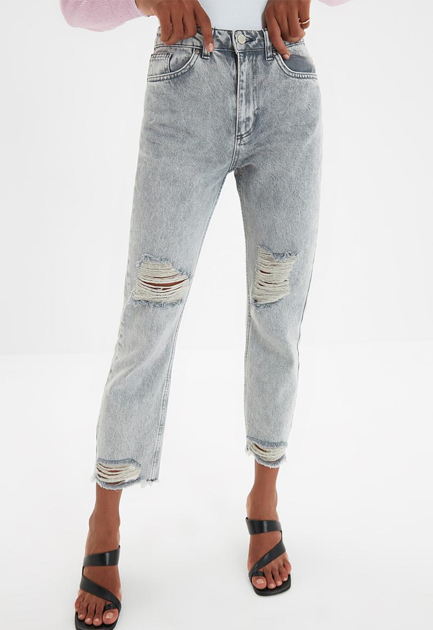Trendyol - Ripped detailed high waist straight jeans - grey