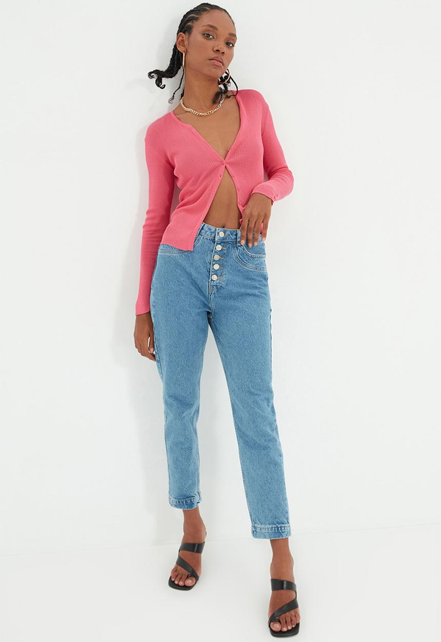 Trendyol - Stitch detailed front button high waist mom jeans - blue