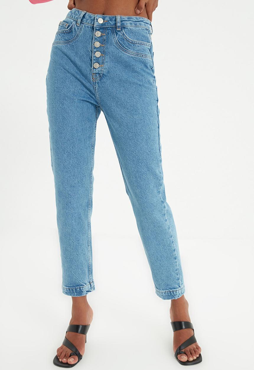 Trendyol - Stitch detailed front button high waist mom jeans - blue