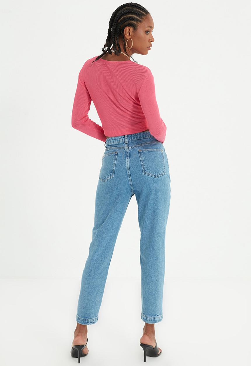 Trendyol - Stitch detailed front button high waist mom jeans - blue
