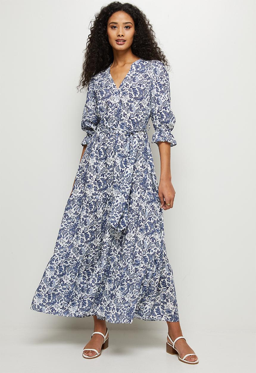 edit - Ruffled detail tiered midi dress - navy & white 